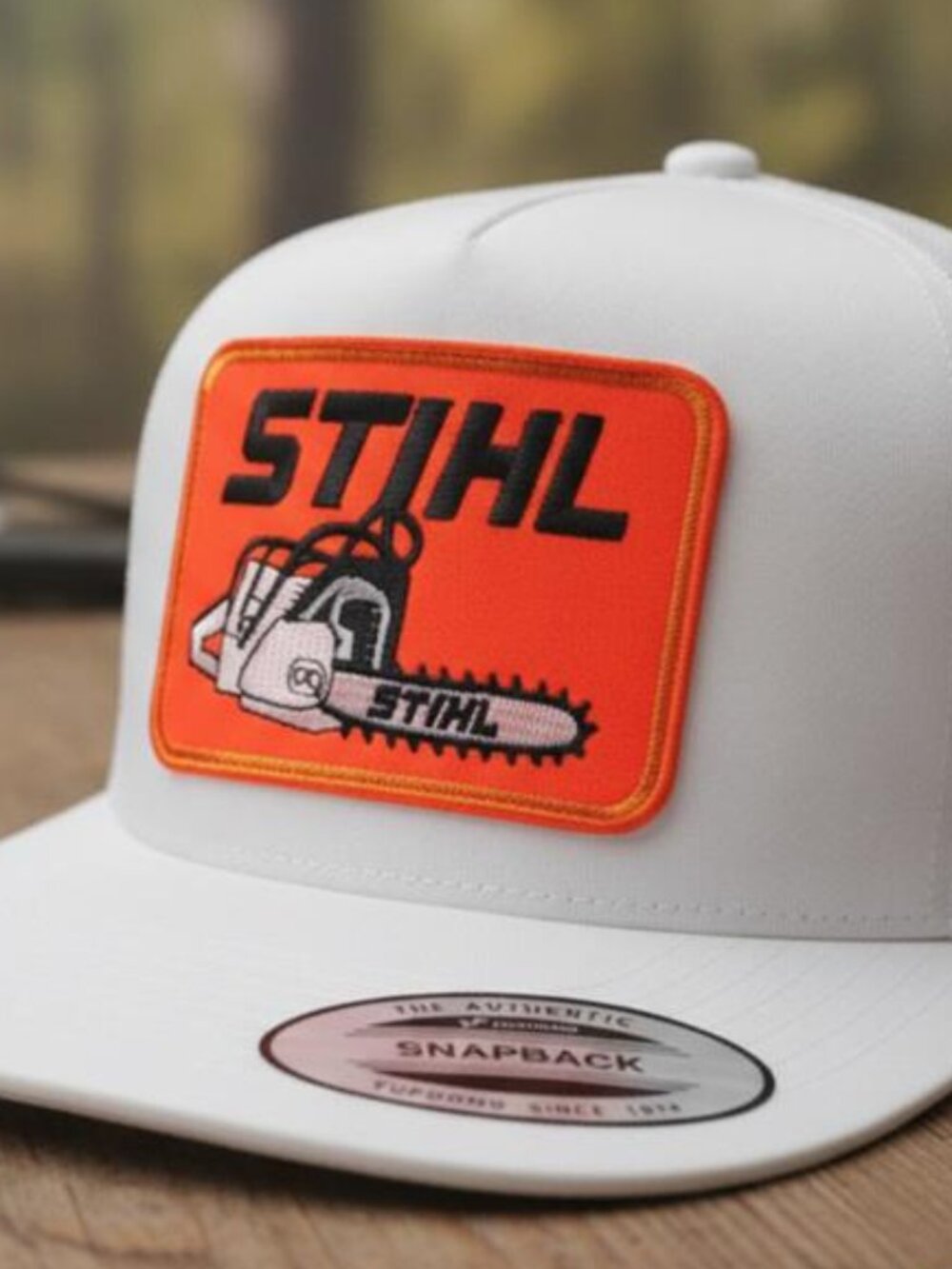Retro Chainsaw Forestry Patch White Yupoong Flat Bill Snapback Trucker Hat HiVis